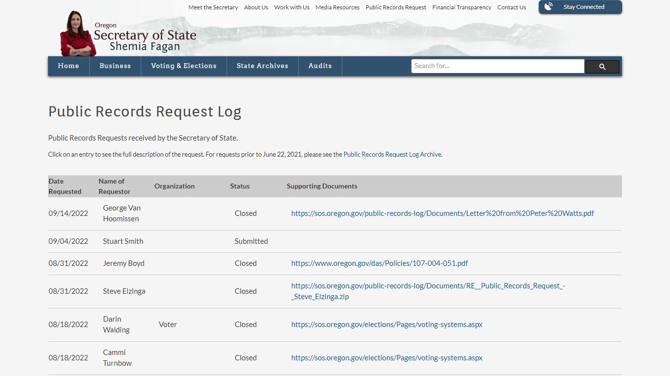 State of Oregon: Public Records - Public Records Request Log