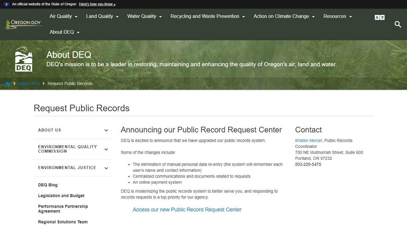 Department of Environmental Quality : Request Public Records - Oregon