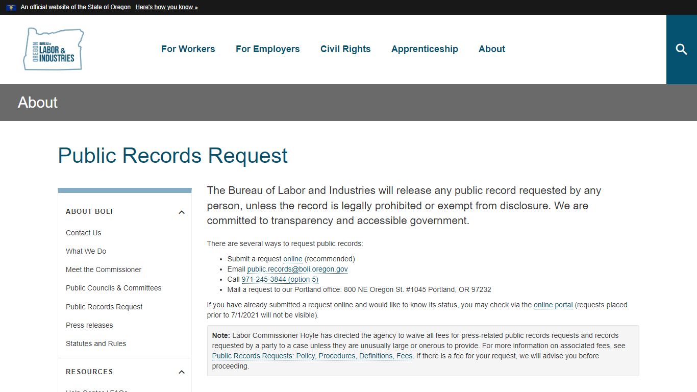 BOLI : Public Records Request : About : State of Oregon