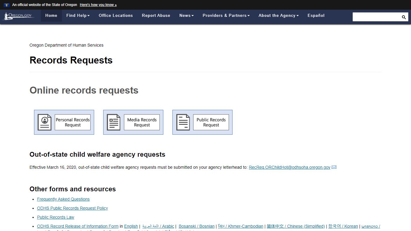 State of Oregon: Oregon Department of Human Services - Records Requests